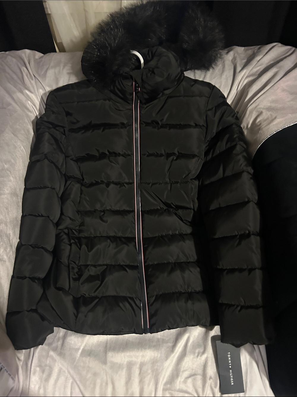 Tommy Hilfiger Black Quilted Puffer Jacket with Faux Fur Trim